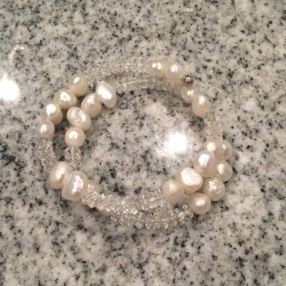 Pearl, quartz, and silver bracelet.
